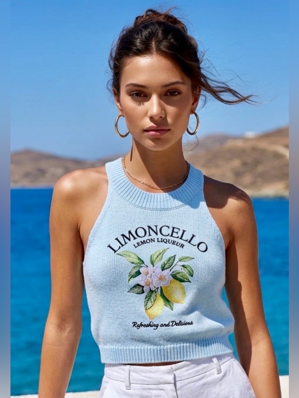 Chic Woman’s Limoncello Knit Halter Crop Top in Blue M & L